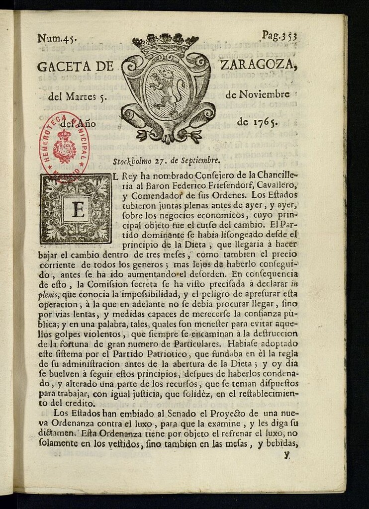Miniatura de Gazeta de Zaragoza del 5 de noviembre de 1765