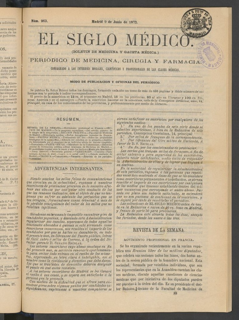 Miniatura de El Siglo Médico: boletín de medicina y gaceta médica del 9 de junio de 1872