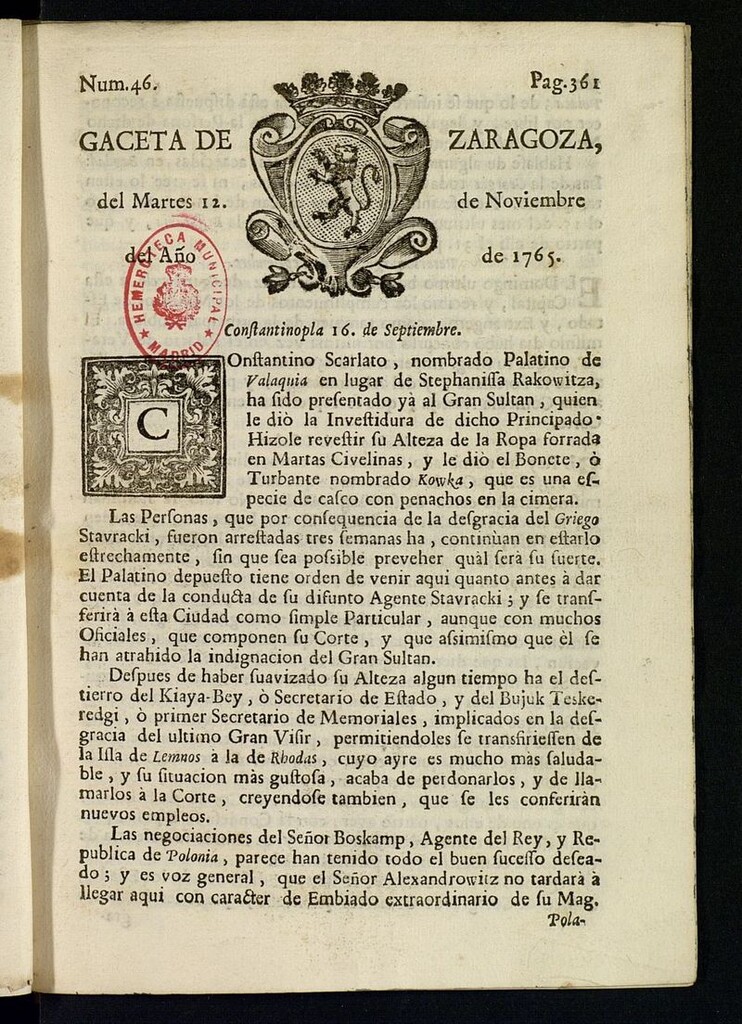 Miniatura de Gazeta de Zaragoza del 12 de noviembre de 1765