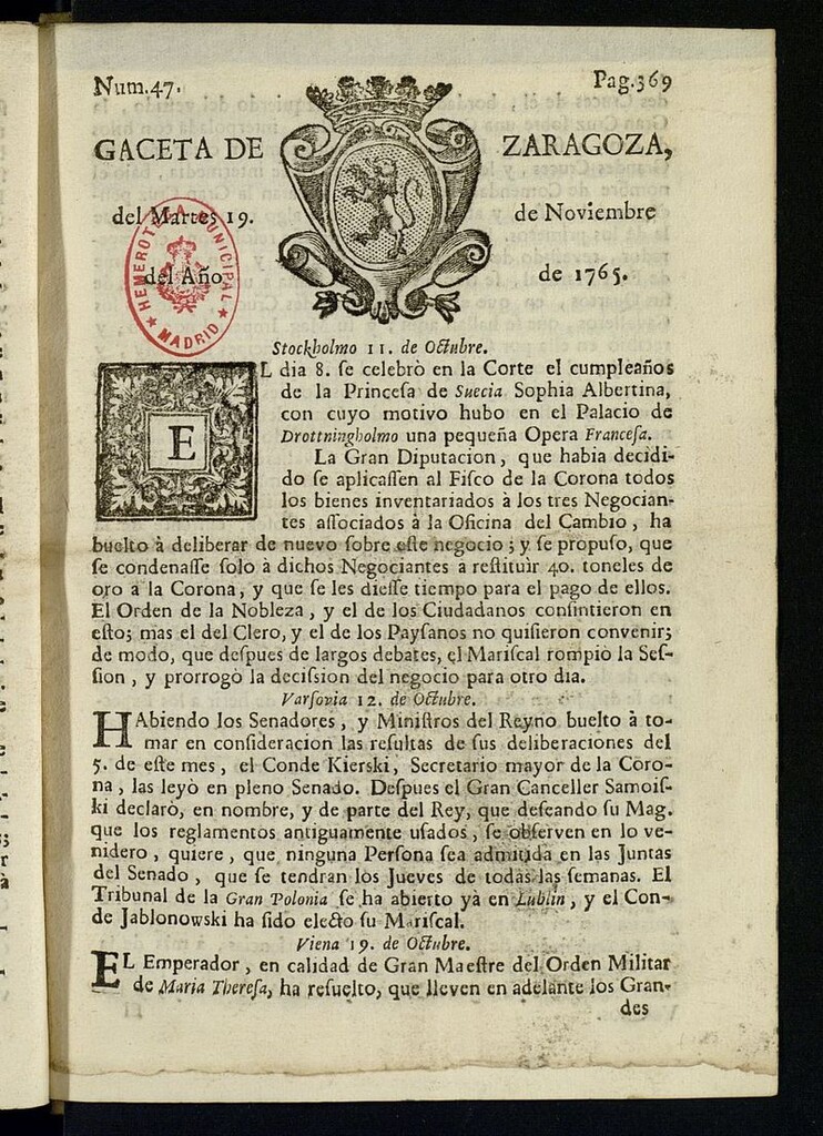 Miniatura de Gazeta de Zaragoza del 19 de noviembre de 1765