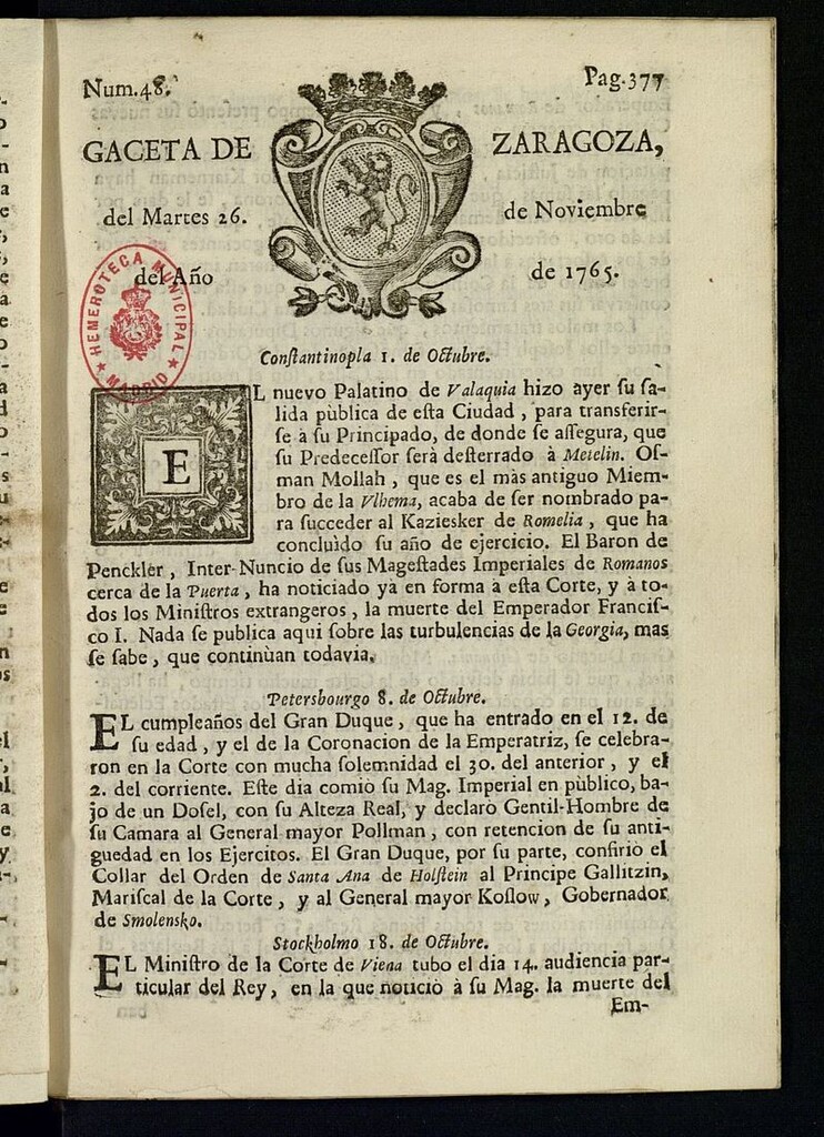 Miniatura de Gazeta de Zaragoza del 26 de noviembre de 1765