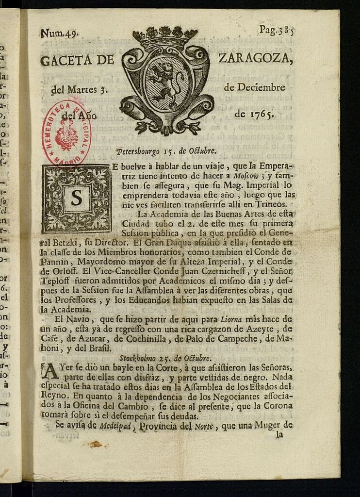 Miniatura de Gazeta de Zaragoza del 3 de diciembre de 1765