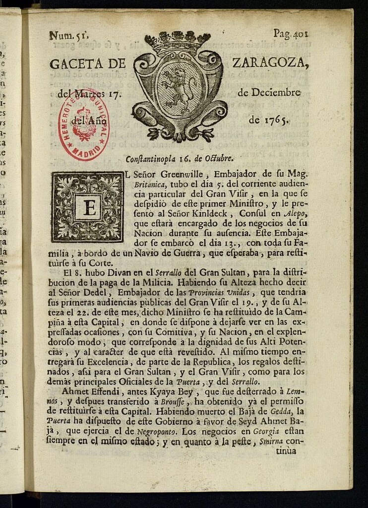Miniatura de Gazeta de Zaragoza del 17 de diciembre de 1765