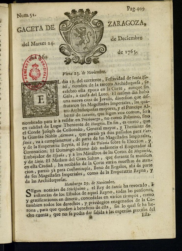 Miniatura de Gazeta de Zaragoza del 24 de diciembre de 1765