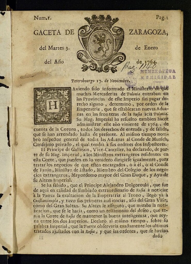 Miniatura de Gazeta de Zaragoza del 3 de enero de 1764