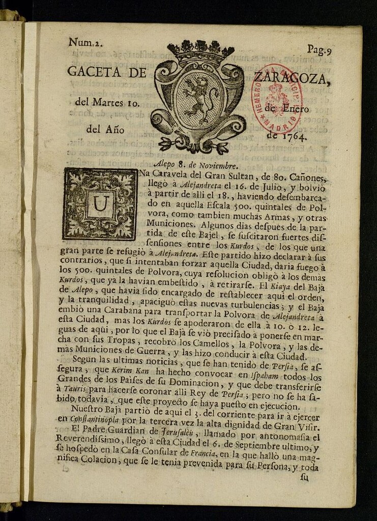 Miniatura de Gazeta de Zaragoza del 10 de enero de 1764