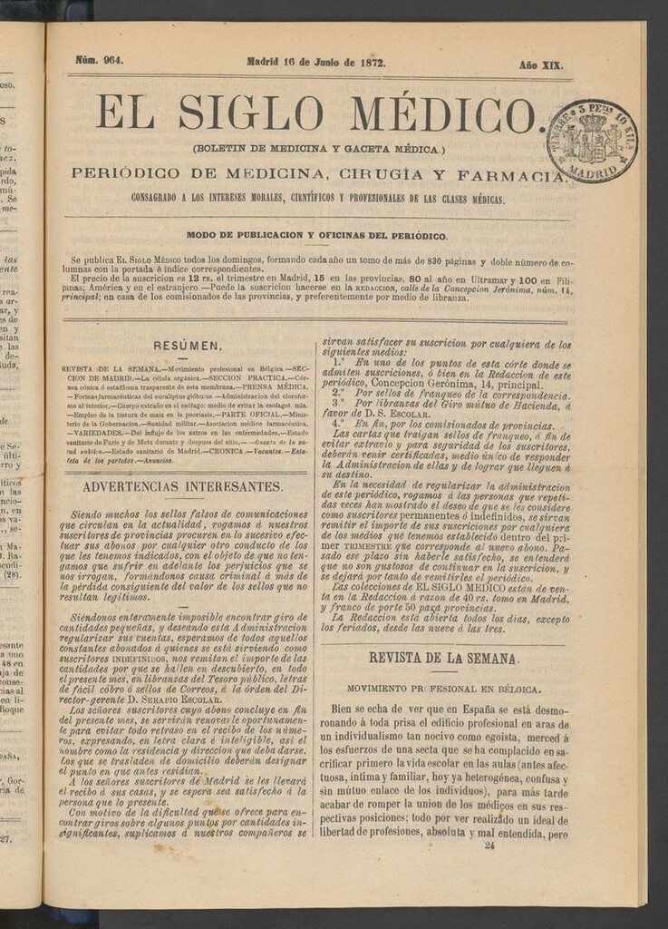 Miniatura de El Siglo Médico: boletín de medicina y gaceta médica del 16 de junio de 1872