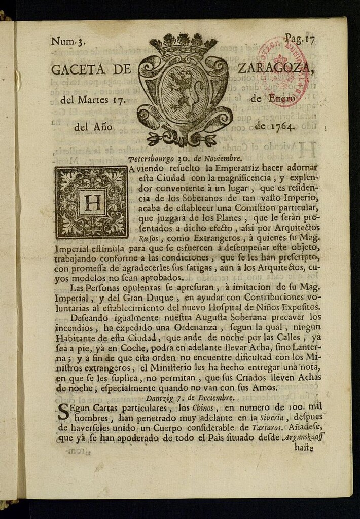 Miniatura de Gazeta de Zaragoza del 17 de enero de 1764