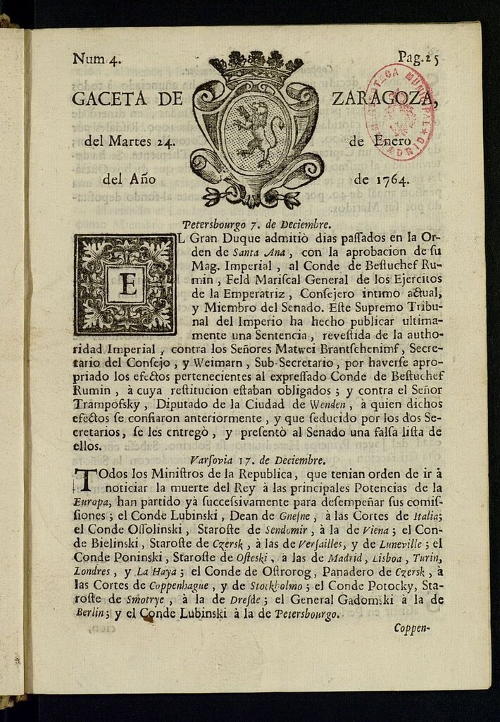 Miniatura de Gazeta de Zaragoza del 24 de enero de 1764