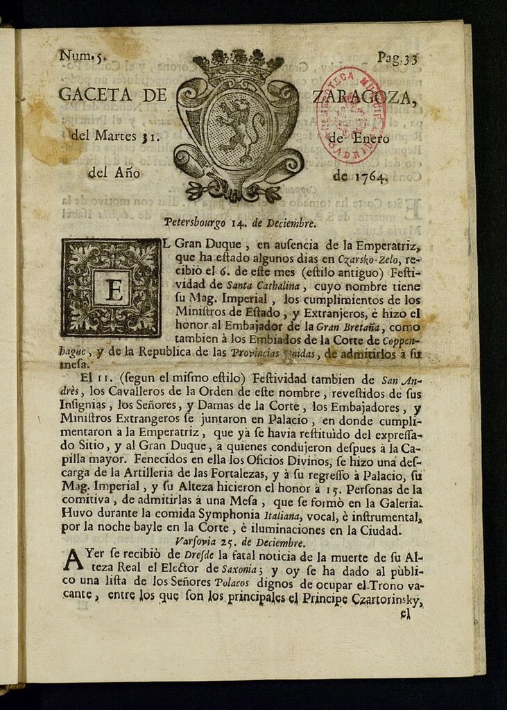Miniatura de Gazeta de Zaragoza del 31 de enero de 1764