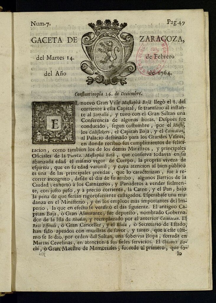 Miniatura de Gazeta de Zaragoza del 14 de febrero de 1764