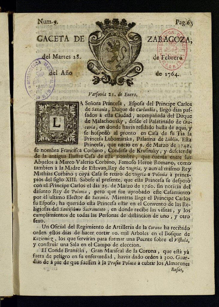 Miniatura de Gazeta de Zaragoza del 28 de febrero de 1764