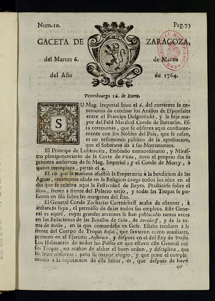 Miniatura de Gazeta de Zaragoza del 6 de marzo de 1764