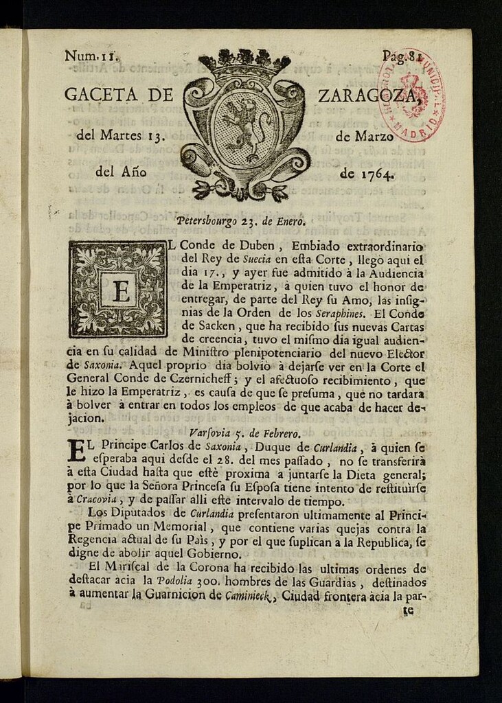 Miniatura de Gazeta de Zaragoza del 13 de marzo de 1764