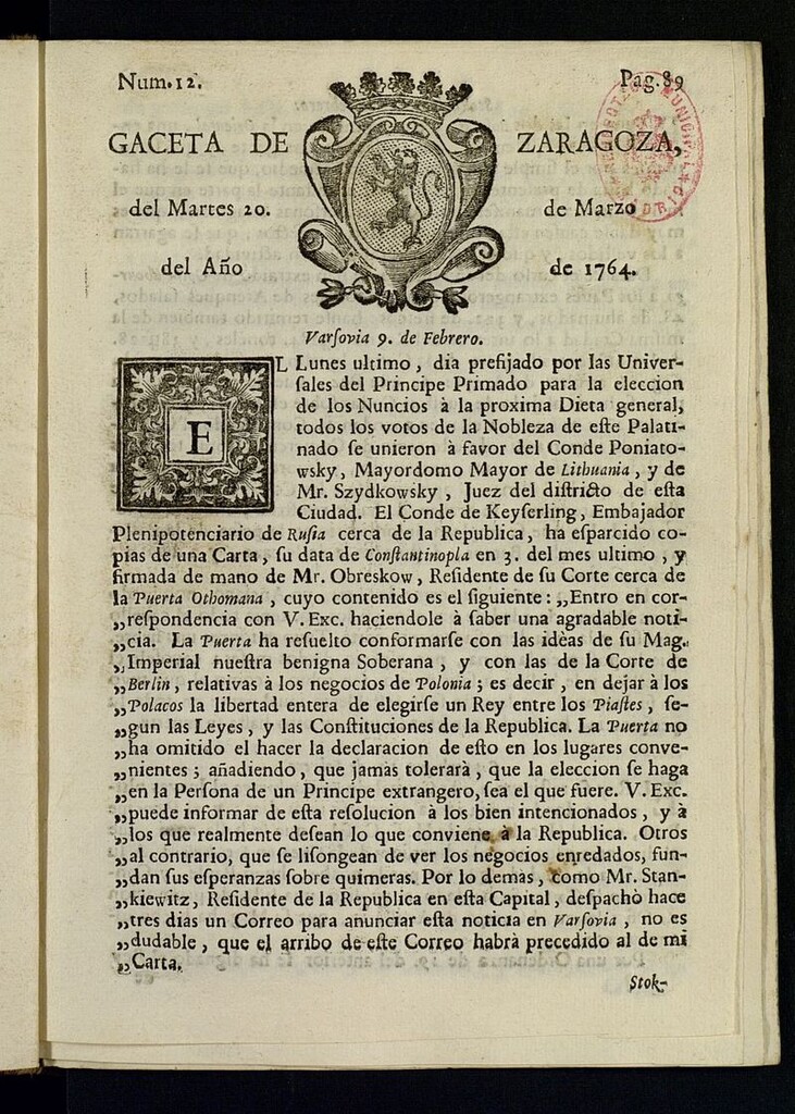 Miniatura de Gazeta de Zaragoza del 20 de marzo de 1764