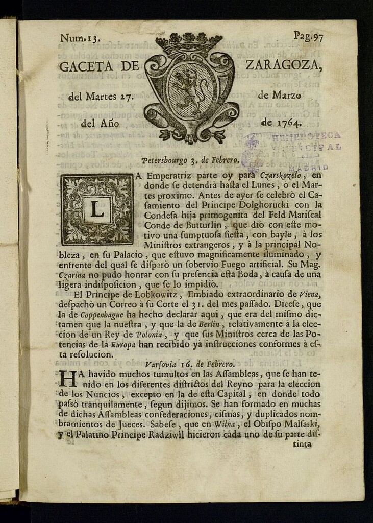 Miniatura de Gazeta de Zaragoza del 27 de marzo de 1764