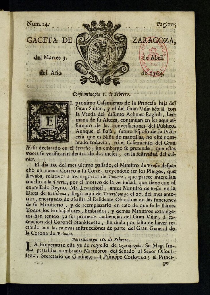Miniatura de Gazeta de Zaragoza del 3 de abril de 1764