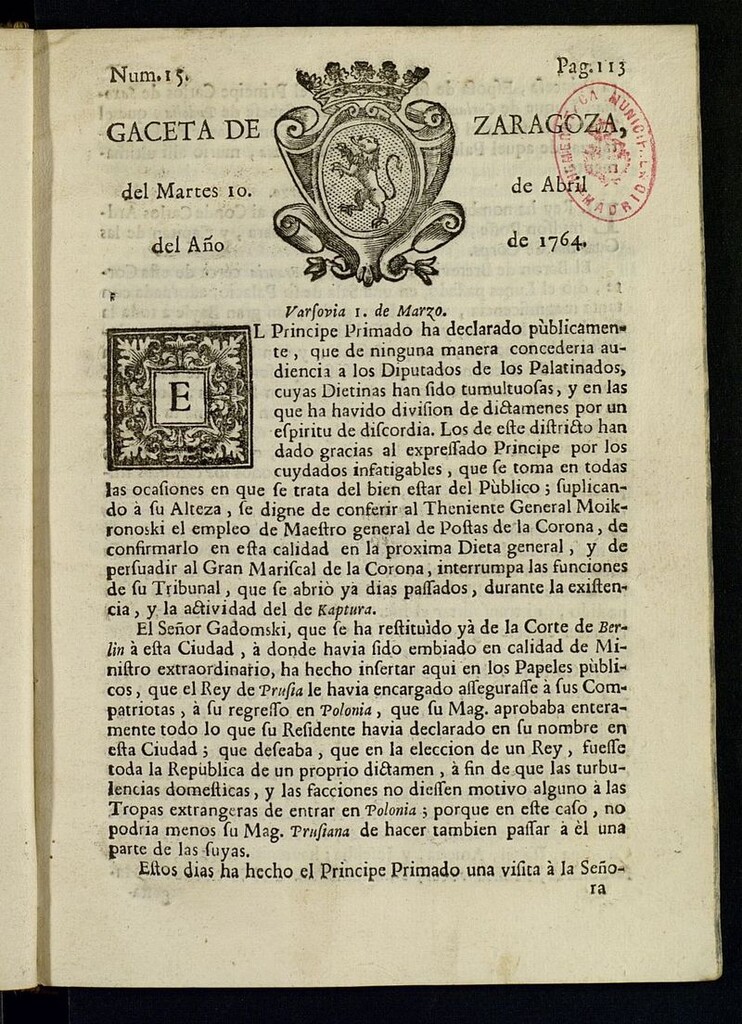Miniatura de Gazeta de Zaragoza del 10 de abril de 1764