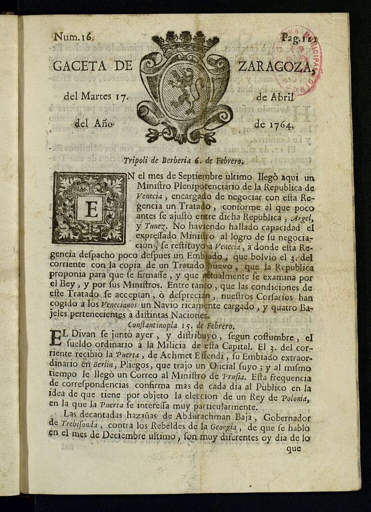 Miniatura de Gazeta de Zaragoza del 17 de abril de 1764