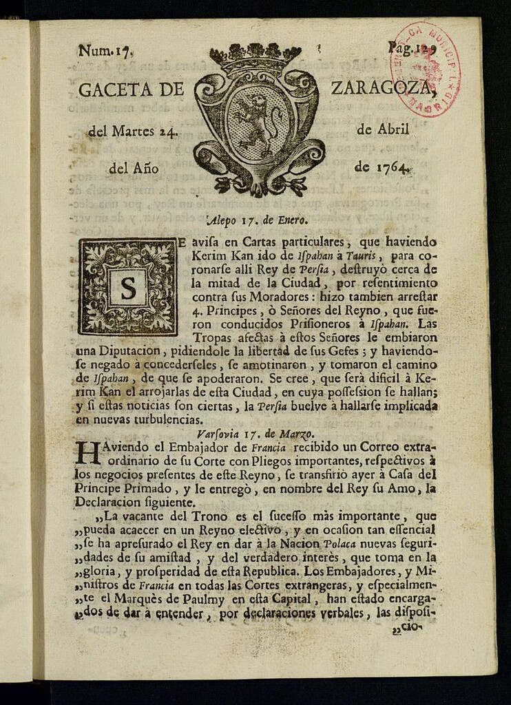 Miniatura de Gazeta de Zaragoza del 24 de abril de 1764