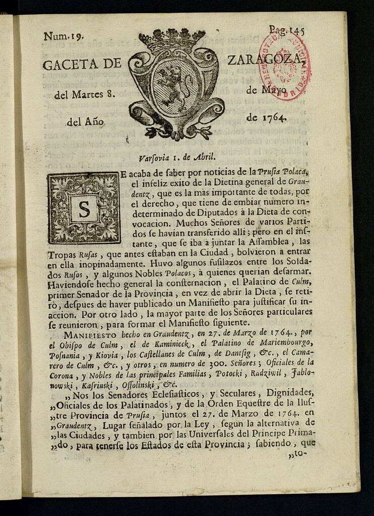 Miniatura de Gazeta de Zaragoza del 8 de mayo de 1764