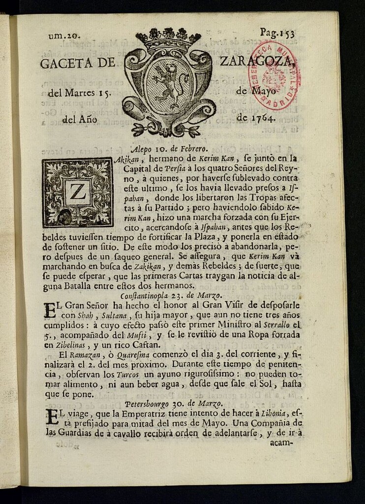 Miniatura de Gazeta de Zaragoza del 15 de mayo de 1764
