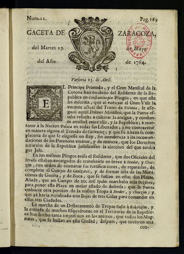 Miniatura de Gazeta de Zaragoza del 29 de mayo de 1764