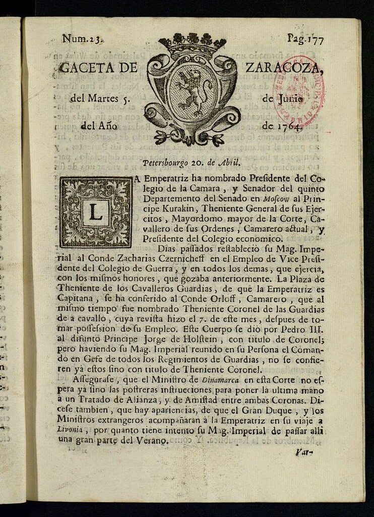Miniatura de Gazeta de Zaragoza del 5 de junio de 1764