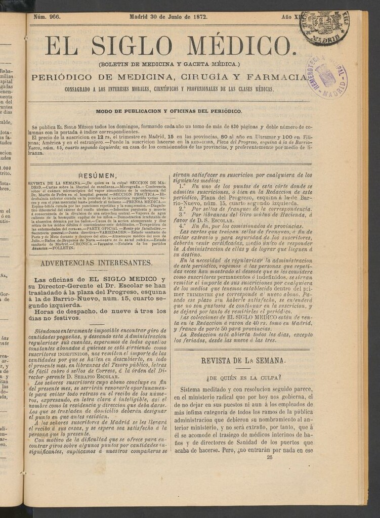 Miniatura de El Siglo Médico: boletín de medicina y gaceta médica del 30 de junio de 1872