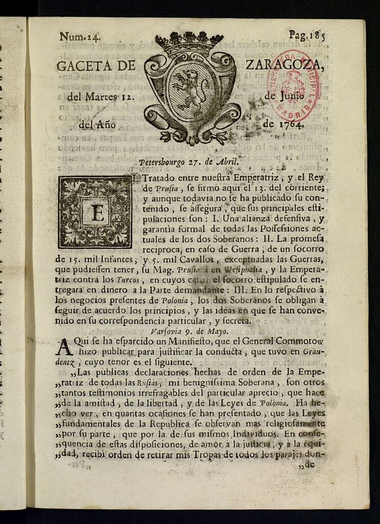 Miniatura de Gazeta de Zaragoza del 12 de junio de 1764