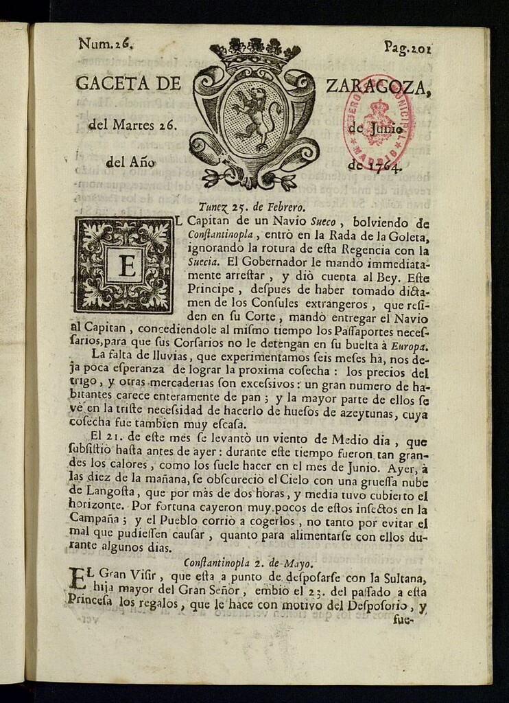 Miniatura de Gazeta de Zaragoza del 26 de junio de 1764