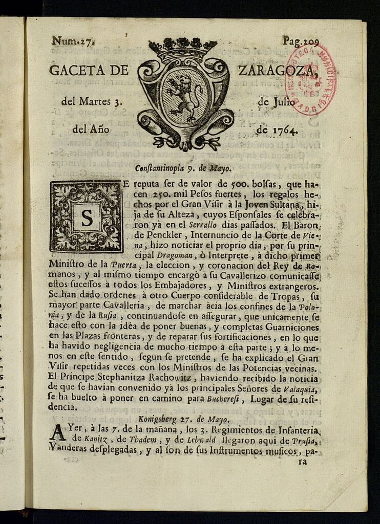 Miniatura de Gazeta de Zaragoza del 3 de julio de 1764
