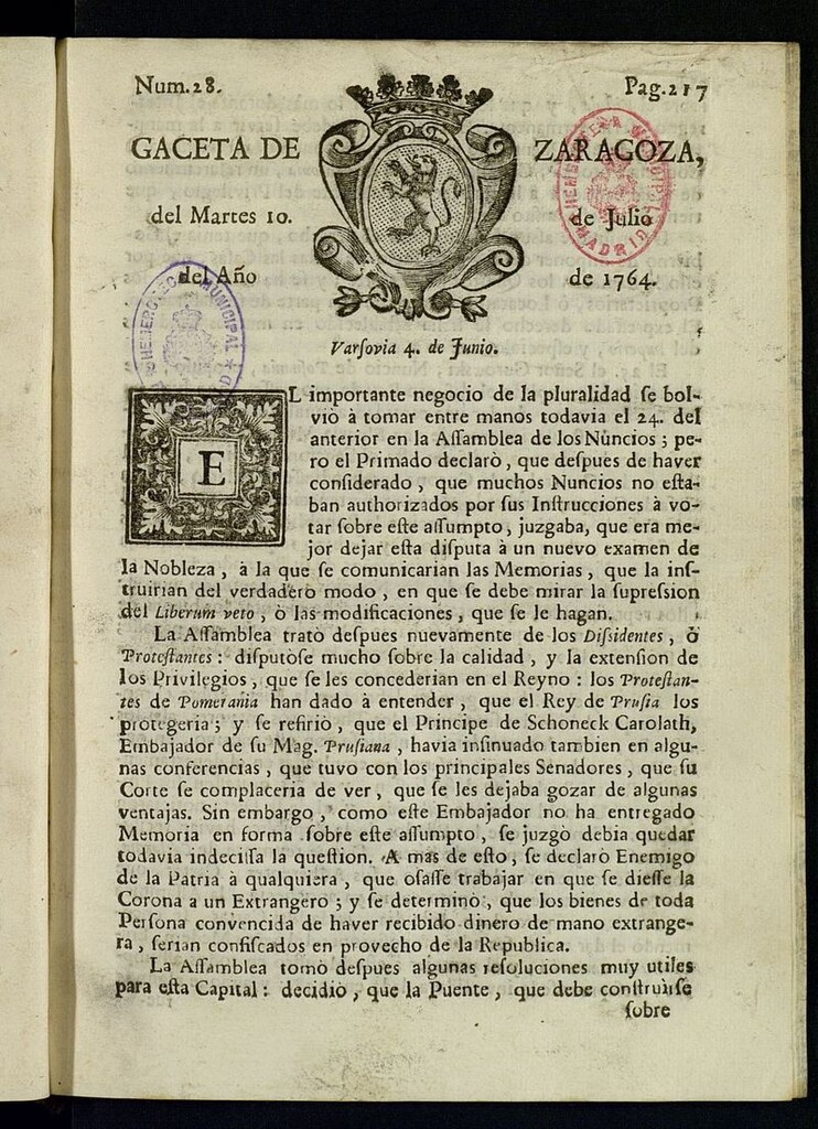 Miniatura de Gazeta de Zaragoza del 10 de julio de 1764