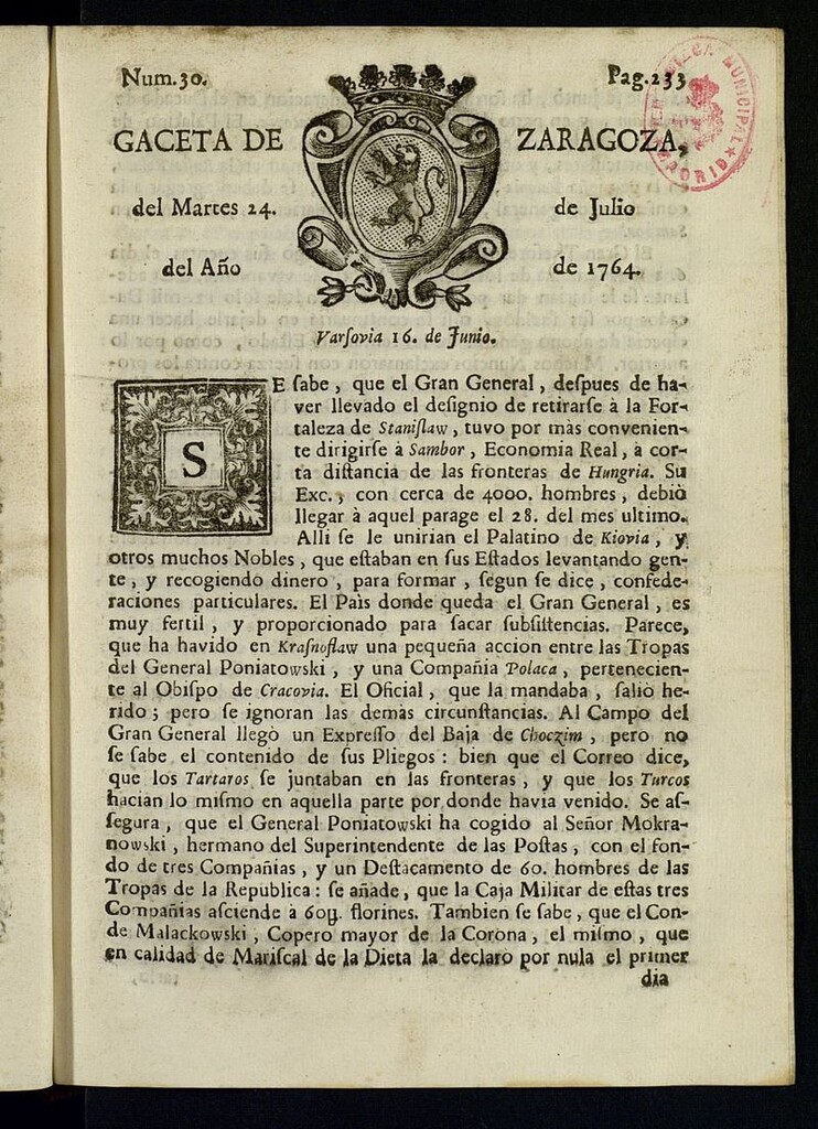 Miniatura de Gazeta de Zaragoza del 24 de julio de 1764