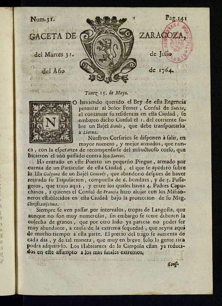 Miniatura de Gazeta de Zaragoza del 31 de julio de 1764