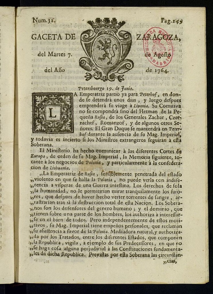 Miniatura de Gazeta de Zaragoza del 7 de agosto de 1764