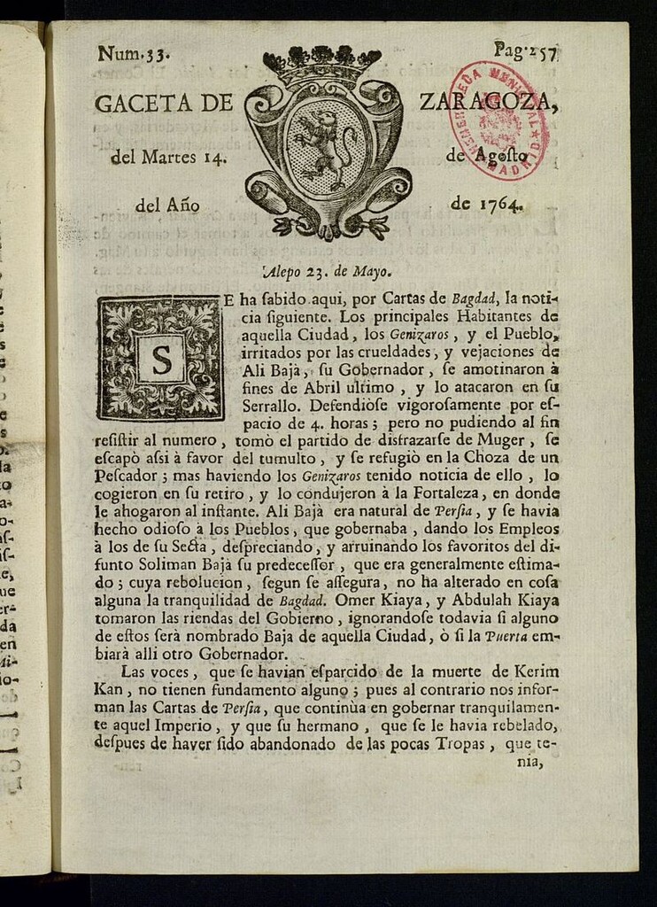 Miniatura de Gazeta de Zaragoza del 14 de agosto de 1764