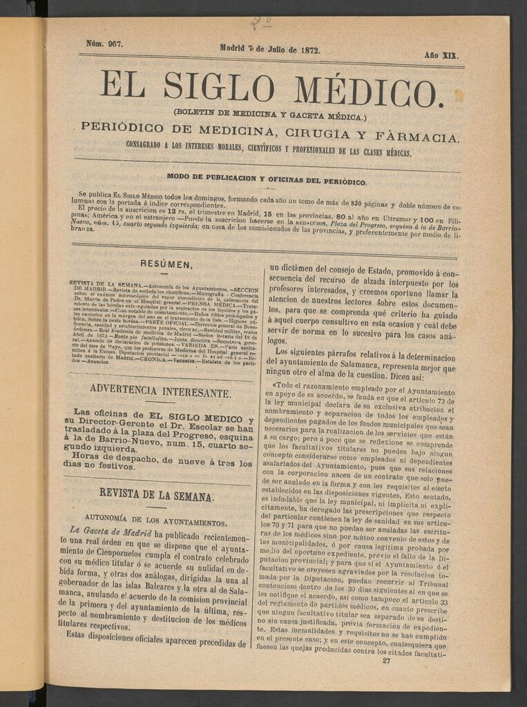 Miniatura de El Siglo Médico: boletín de medicina y gaceta médica del 7 de julio de 1872