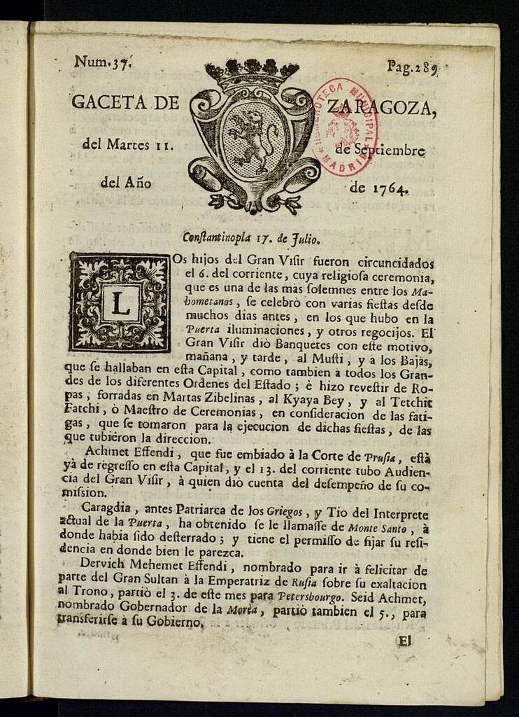 Miniatura de Gazeta de Zaragoza del 11 de septiembre de 1764