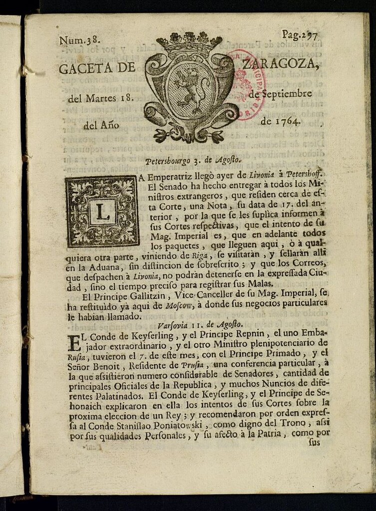 Miniatura de Gazeta de Zaragoza del 18 de septiembre de 1764