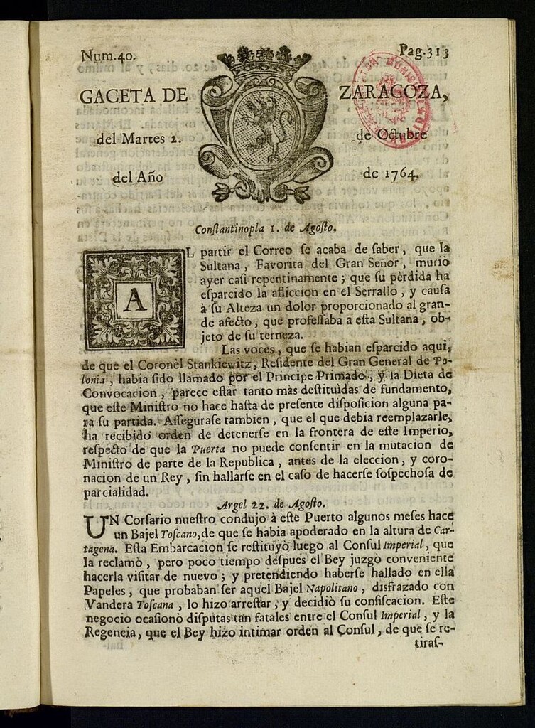 Miniatura de Gazeta de Zaragoza del 2 de octubre de 1764