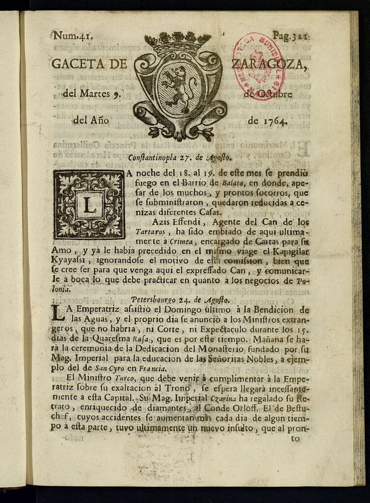 Miniatura de Gazeta de Zaragoza del 9 de octubre de 1764