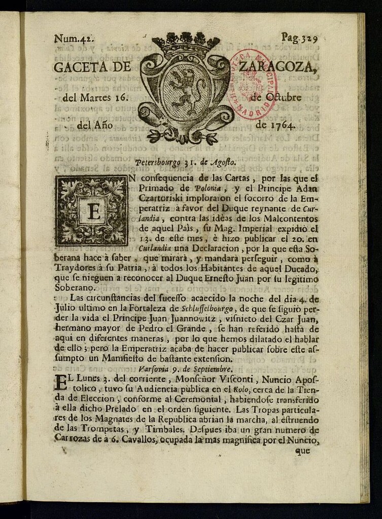 Miniatura de Gazeta de Zaragoza del 16 de octubre de 1764
