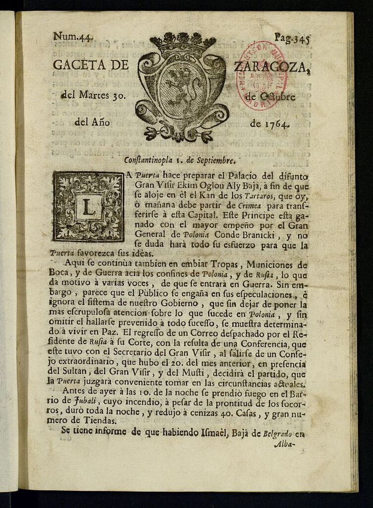 Miniatura de Gazeta de Zaragoza del 30 de octubre de 1764