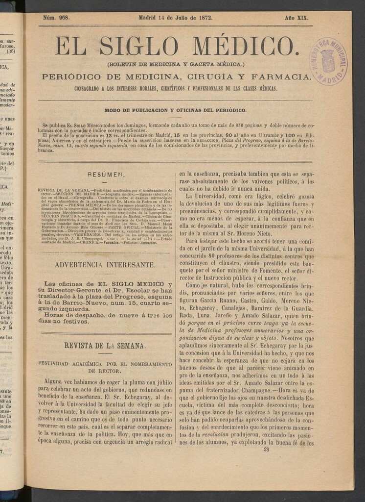 Miniatura de El Siglo Médico: boletín de medicina y gaceta médica del 14 de julio de 1872