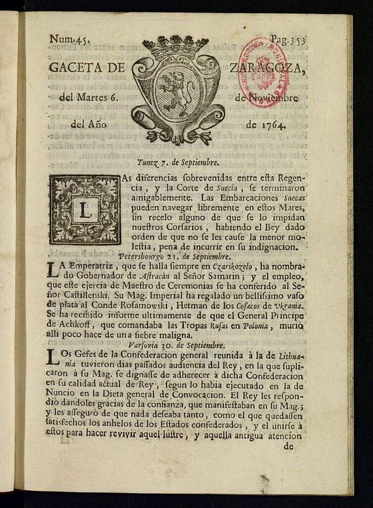 Miniatura de Gazeta de Zaragoza del 6 de noviembre de 1764