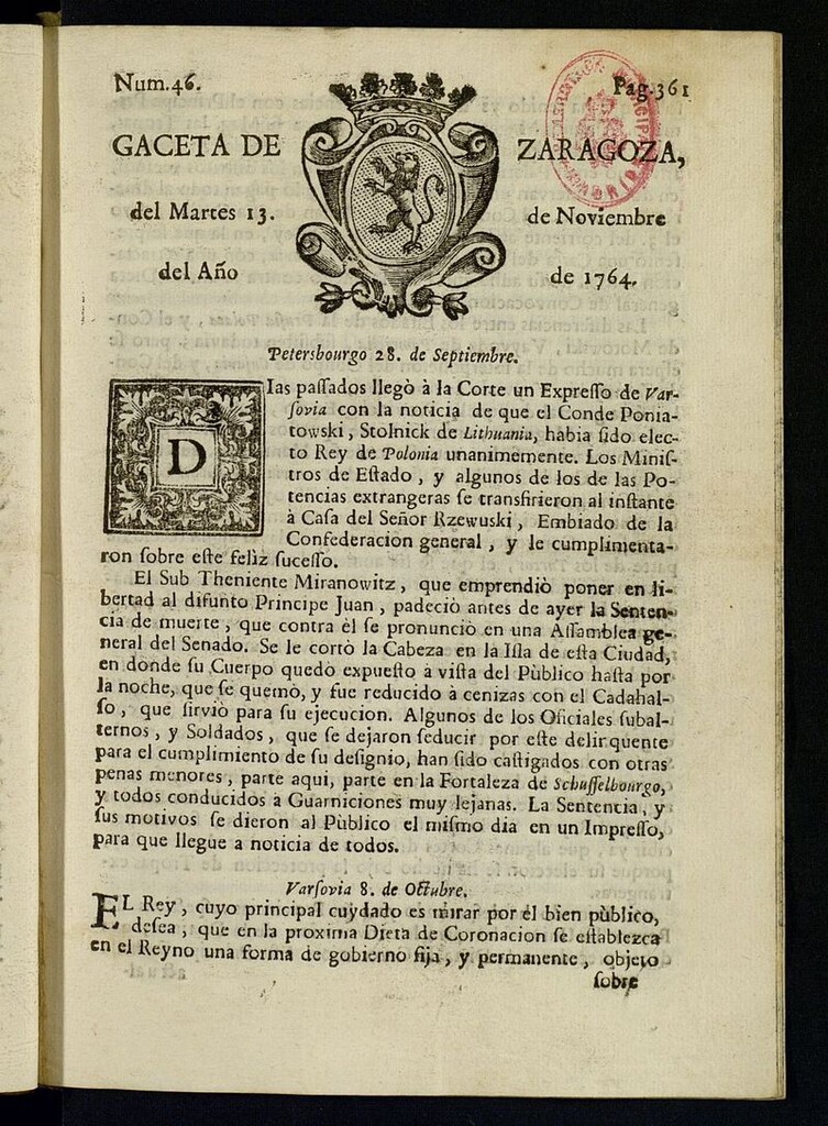 Miniatura de Gazeta de Zaragoza del 13 de noviembre de 1764