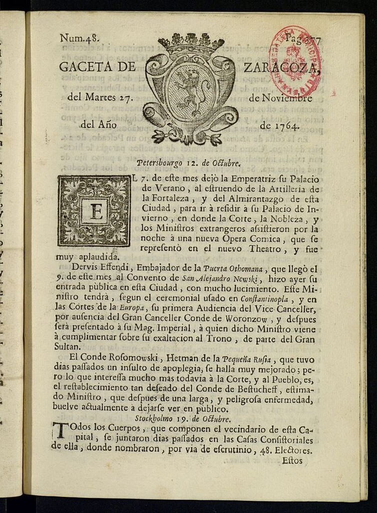 Miniatura de Gazeta de Zaragoza del 27 de noviembre de 1764