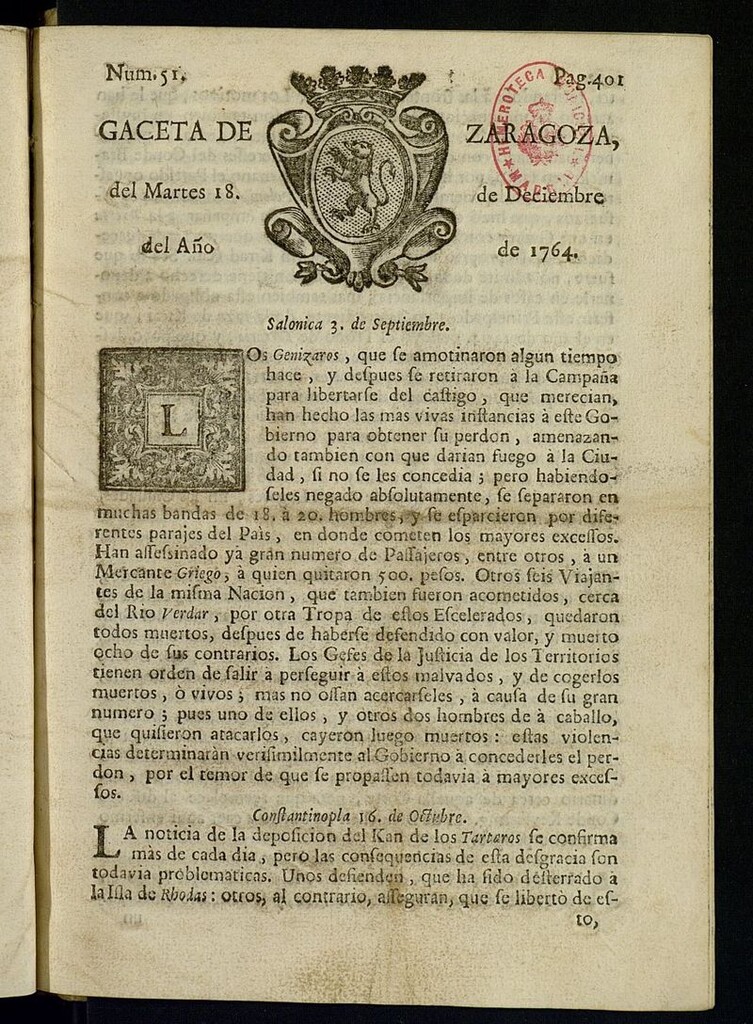 Miniatura de Gazeta de Zaragoza del 18 de diciembre de 1764