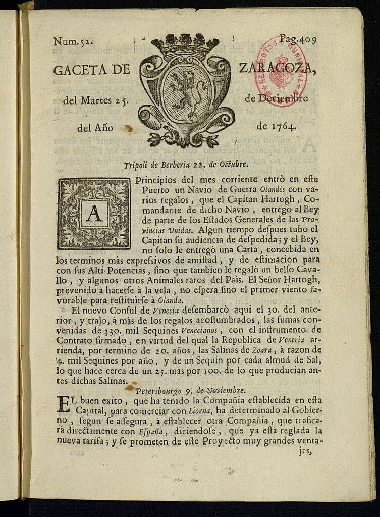 Miniatura de Gazeta de Zaragoza del 25 de diciembre de 1764